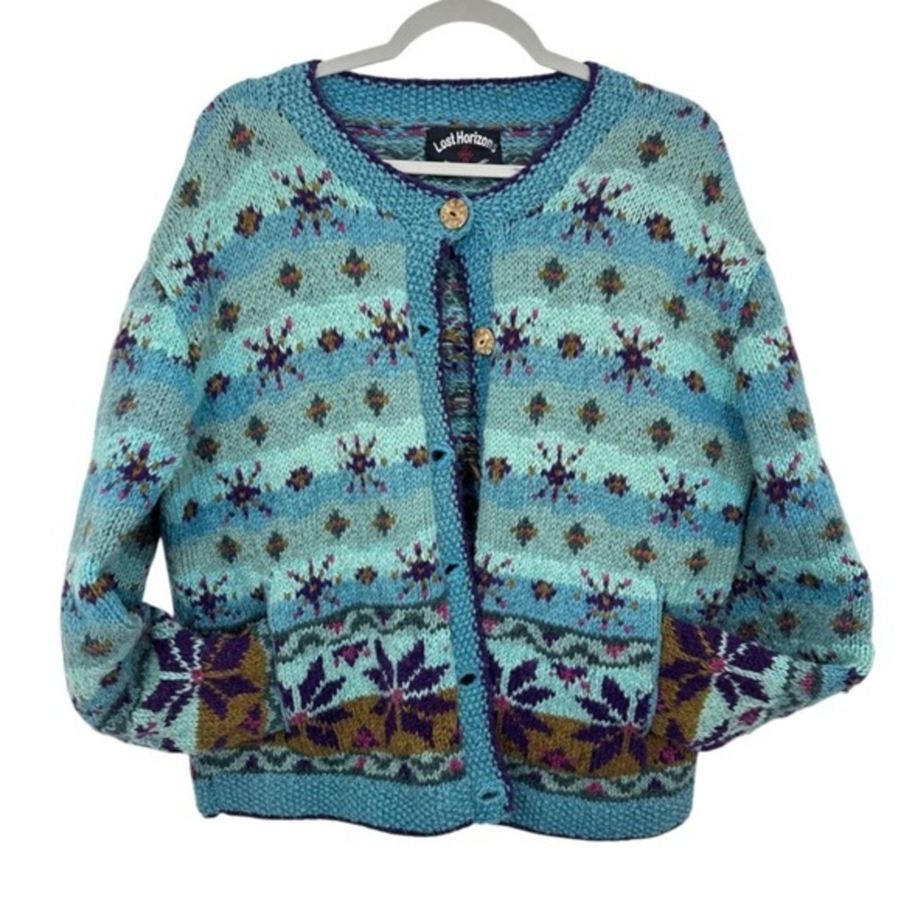 Lost Horizons Handmade Nepal Knit Wool‎ Cardigan Nordic Snowflake Blue Purple